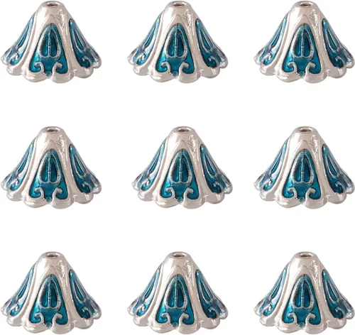 Miniatura 8 de Pandahall - 10 tapas de cuentas de aleación esmaltadas de 4 pétalos, 0.709 x 0.472 in, espaciadores florales dorados, cuentas de cono sueltas