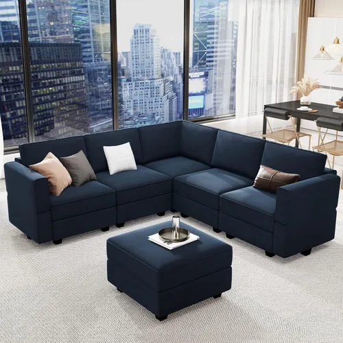 Miniatura 18 de Belffin - Sofá cama modular con otomanas, de terciopelo, reversible y con asiento con almacenamiento, color azul