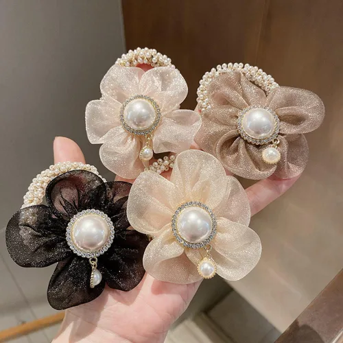 Miniatura 2 de LOVEF Banda elástica de pelo de perlas de flores de moda, accesorio para cola de caballo para damas, mujeres y niñas, juego de 4