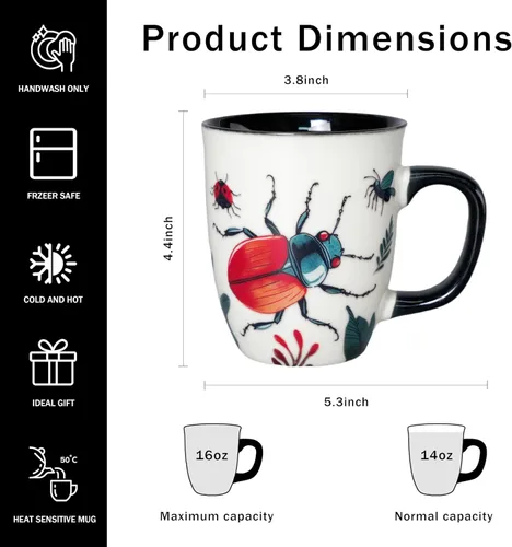 Miniatura 2 de Taza de Escarabajo de 16 oz que Cambia de Color - Taza de Café de Cerámica para Amantes de los Insectos - Regalo Novedoso con Temática de Insectos