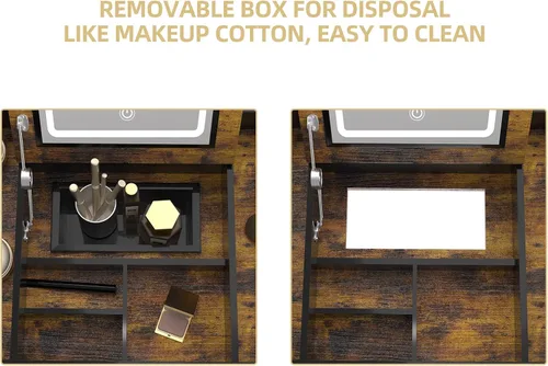 Miniatura 4 de Tiamo Escritorio retro de madera con espejo, luces, silla y cajones, juego de mesa de maquillaje y taburete de 32 pulgadas en marrón