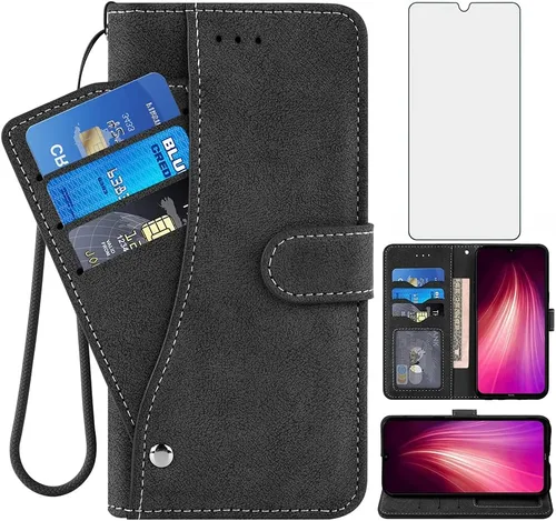 Asuwish Compatible con Xiaomi Redmi Note 8 - Funda tipo cartera y protector de pantalla de vidrio templado, soporte para tarjetas de crédito, Negro