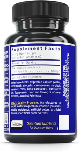 Miniatura 2 de Quantum Nutrition Labs Plant DHA Suplemento para mujeres y hombres, DHA vegano sin OMG con ácidos grasos Omega 3, a base de algas, adecuado