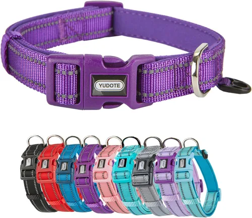 Collar de nailon reflectante para perro con acolchado de neopreno transpirable, ajustable para perros pequeños (9.8 a 15 pulgadas, morado)