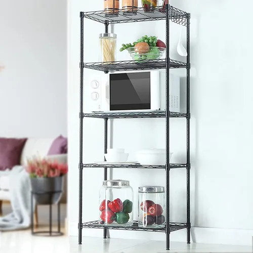 Miniatura 2 de Estantería de acero al carbono de 5 niveles, organizador de cocina con 6 ganchos, estantería clásica de alambre, estante de almacenamiento multiusos