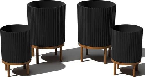 Miniatura 31 de Veradek Demi Series - Maceta redonda con soporte para porche o patio, compuesto de piedra de plástico duradero y soporte de madera, decoración