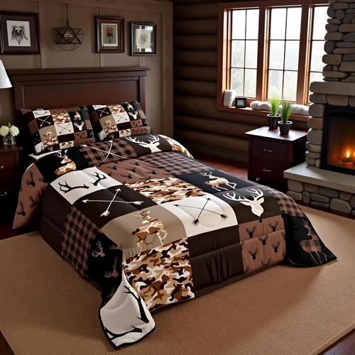 Miniatura 166 de Juego de edredón de cuernos de ciervo tamaño individual, juego de ropa de cama rústica de granja con huellas de oso y pinos para decoración