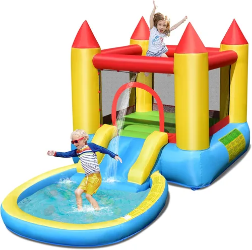 Miniatura 9 de OLAKIDS Tobogán acuático inflable, casa de rebote 4 en 1 para niños con tobogán, piscina de salpicaduras, gran área de rebote de malla de poliéster