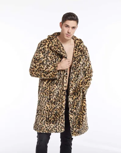 Miniatura 3 de UMREN Abrigos de piel sintética de leopardo para hombre, chaqueta larga de lujo, parka cárdigans