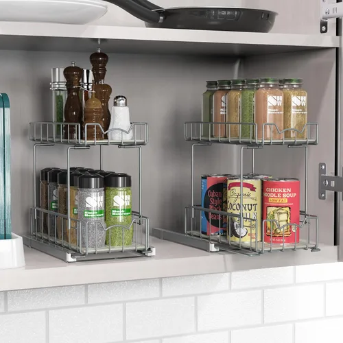 Miniatura 3 de Simple Houseware - cajón organizador de cesta deslizante de 2 niveles para especias, plateado
