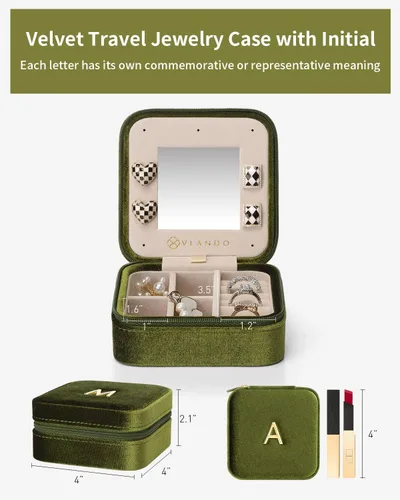 Miniatura 5 de Vlando Joyero de viaje de terciopelo afelpado, joyeros personalizados con iniciales para mujeres y niñas, mini organizador de viaje de joyería