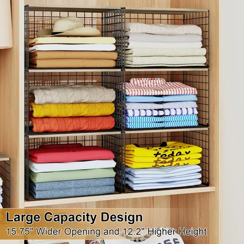 Miniatura 4 de Organizadores de armario y almacenamiento más amplios, apilables, con parte superior de madera, para suéteres, jeans, estantes organizadores de Negro