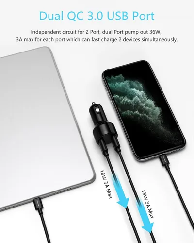 Miniatura 5 de Cargador de coche, mini 36 W dual USB QC 3.0 puertos adaptador de cargador rápido para coche compatible con Samsung Note 9/Galaxy S10/S9/S8, negro