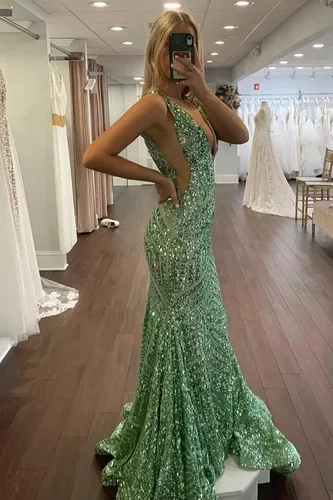 Miniatura 4 de Vestido de fiesta de sirena con lentejuelas brillantes, cuello en V profundo, espalda descubierta, vestidos de fiesta formales con tren