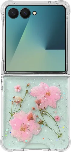 Miniatura 35 de Abbery Funda transparente para Samsung Galaxy Z Flip 3 5G, transparente y con diseño de purpurina bonita con purpurina floral prensada de Rosa
