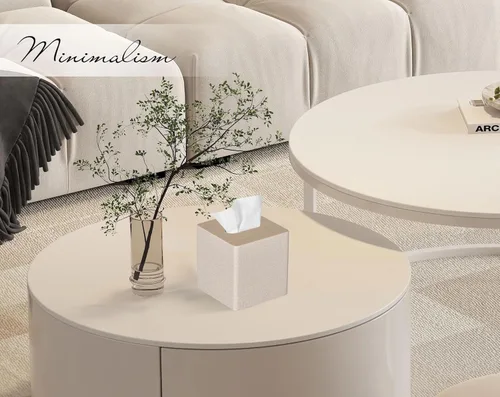 Miniatura 2 de Funda para caja de pañuelos cuadrada de piel sintética para caja de pañuelos facial para decoración de cómoda y baño (Beige)