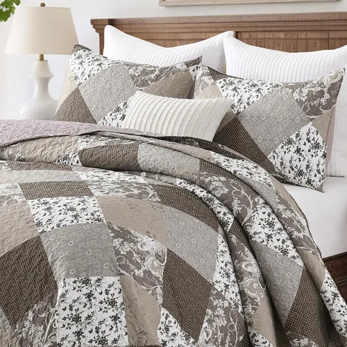 HIARUO Juego de edredón tamaño Queen de 3 piezas, colcha de retazos florales, cubrecama cobertor bohemio a cuadros reversible ligero de estilo