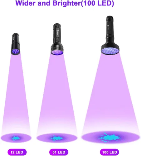 Miniatura 4 de ESCO LITE Linterna UV de luz negra, 100 luces LED negras para detección de orina de mascotas, linternas ultravioleta para orina de perro