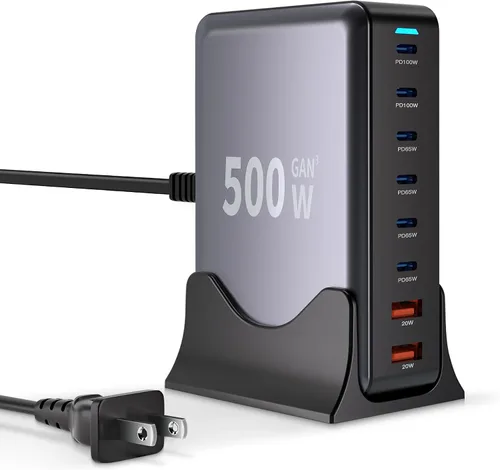 Bloque de cargador USB C de 500 W, estación de carga GaN3, bloque de cargador USB rápido de 8 puertos, doble 100 W PD USBC, estación de carga