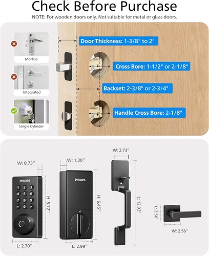 Miniatura 7 de Cerradura inteligente Wi-Fi Philips con cerrojo de puerta y manija, juego de cerradura de puerta sin llave para puerta delantera, cerradura