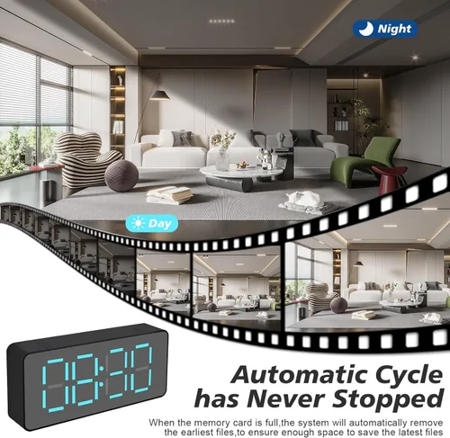 Miniatura 5 de Cámara WiFi interior estilo reloj digital 1080P HD - Visión nocturna, colocación visible de escritorio para bebé mascota anciana monitoreo