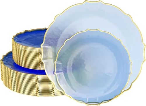 Miniatura 10 de Platos de plástico exquisitos para fiesta, juego de 40 piezas, elegantes platos de cena de plástico para 20 invitados, 20 platos de postre de 20 x