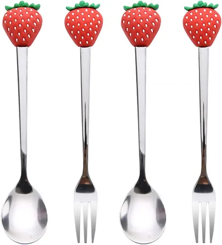 Hemoton Juego de 4 tenedores y cucharas de fresa de acero inoxidable de 5.59 pulgadas para servir postres y vajilla de cocina para fiestas en casa