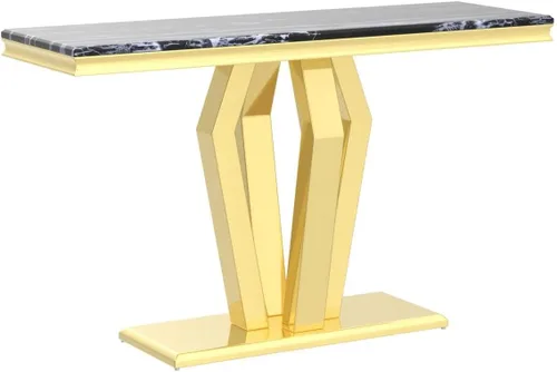 Miniatura 5 de ACEDCOR - Mesa consola moderna, mesa rectangular para sala de estar y entrada con base geométrica de espejo, negro dorado