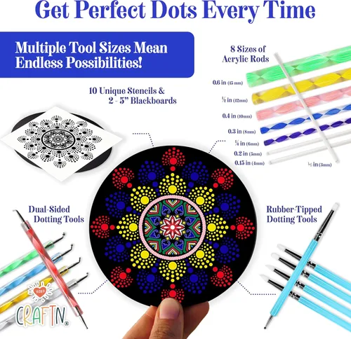 Miniatura 3 de Kit completo de 46 piezas de pintura de mandala para principiantes con pinturas acrílicas, plantillas reutilizables y herramientas de puntos.