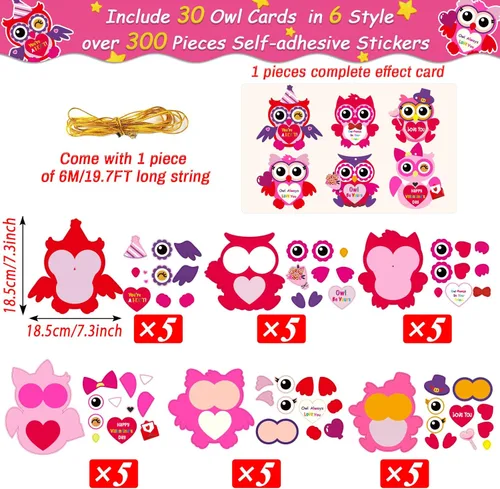 Miniatura 2 de Chiazllta 30 piezas de kits de manualidades para San Valentín, kit de manualidades DIY de búho para San Valentín, kit de manualidades de corazón