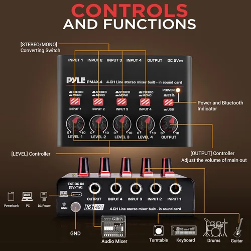 Miniatura 3 de Pyle Mezclador de línea inalámbrico Bluetooth 5.0 de 4 canales - Interfaz de audio USB - 4 entradas mono/estéreo - Ruido ultrabajo - Alto margen