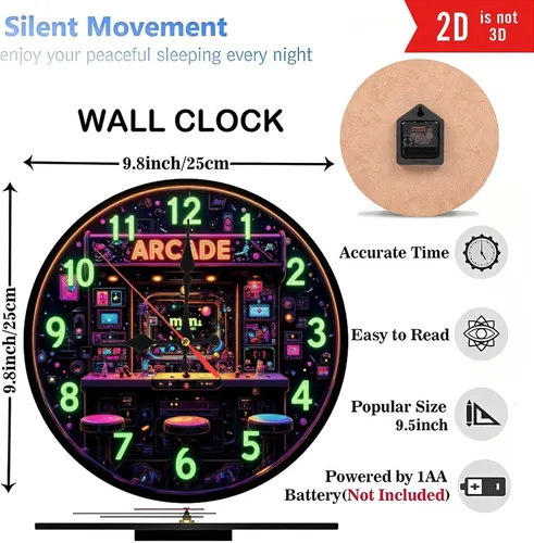 Miniatura 2 de Mini reloj arcade retro de arte neón de madera de 10 pulgadas, movimiento silencioso, funciona con pilas (AA pilas no incluidas), decoración