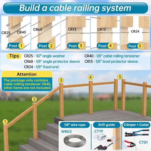 Miniatura 73 de Muzata Paquete de 10 accesorios de barandilla de cable negro de 1/8 pulgadas, tensor roscado a mano para poste de metal de 2 x 2 pulgadas, sistema