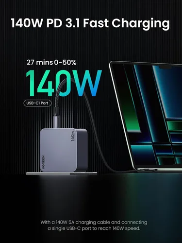 Miniatura 3 de UGREEN Nexode Pro 160W GaN Cargador de portátil USB C, cargador rápido PD 3.1 PPS de 4 puertos para MacBook Pro, Pixelbook, Dell XPS, iPad Pro