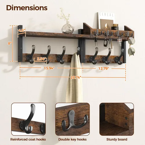 Miniatura 3 de Evermagin Perchero de Pared de 29" con Estante, Perchero y Colgador de Llaves 4 en 1 con 11 Ganchos de Metal, Estante de Entrada Montado en la Pared