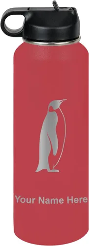 Miniatura 10 de LaserGram Botella de agua personalizada, pingüino, acero inoxidable de doble pared aislada al vacío con popote superior, regalo grabado