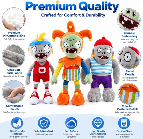Miniatura 5 de Dyharnsty 3 piezas de juguetes de peluche de Plants vs Zombies, Zombie Sport Jester Gargantuar Zombi, figura suave, plantas contra zombies, juguetes
