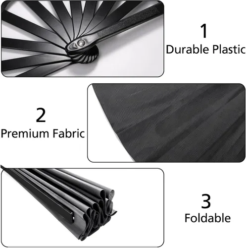 Miniatura 3 de Lawei Paquete de 8 ventiladores de mano plegables grandes de 13 pulgadas, abanicos de mano con marco de plástico negro con tela de nailon, fanáticos