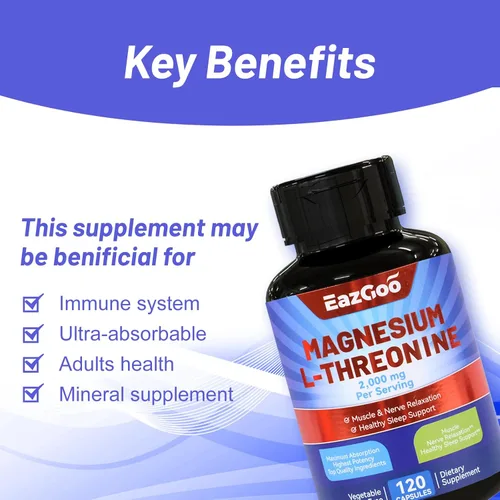 Miniatura 4 de Suplemento de magnesio L-treonina, suplemento de magnesio mineral, L-treonina de magnesio 2000 mg, 240 cápsulas