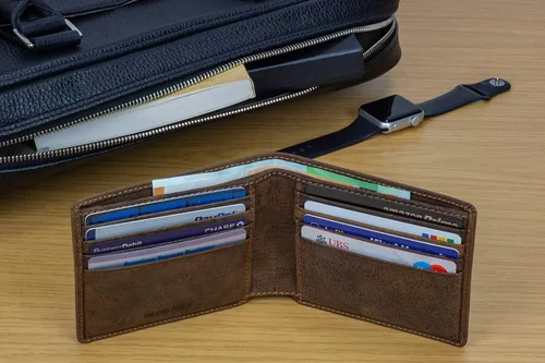 Miniatura 3 de Billetera de cuero delgada para hombre con bolsillo plegable y tecnología de bloqueo RFID, Marrón cazador oscuro
