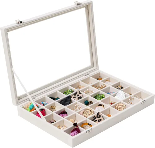 Mebbay Organizador de bandeja de joyería de terciopelo de 35 rejillas con tapa transparente para cajón aretes collar pulsera anillo piedras