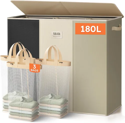 Miniatura 21 de SOLEDI Cesta de ropa sucia de 180L de 3 secciones, cesta de ropa sucia extra grande con tapa, cesta de ropa sucia con asa resistente, organizador