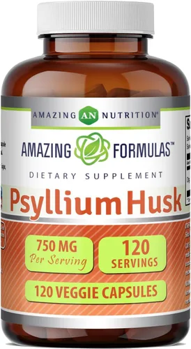 Amazing Formulas - Suplemento de cápsulas vegetales de cáscara de psyllium de 750 mg | Sin OMG | Sin gluten | Fabricado en Estados Unidos | Adecuado