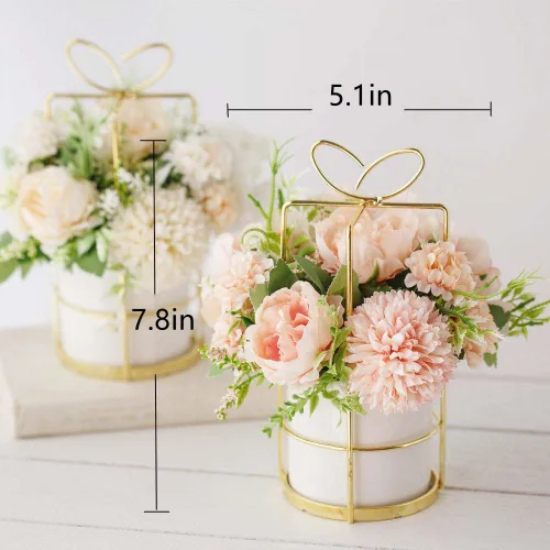Miniatura 2 de KIRIFLY Flores artificiales falsas en jarrón, peonía sintética, hortensias de seda, centros de mesa para decoración de mesa de boda (rosa en dorado)