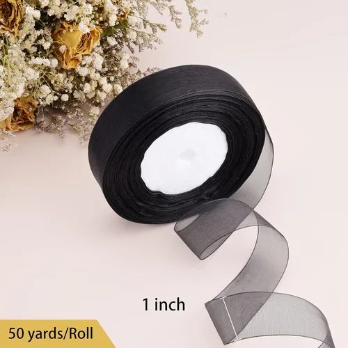 Miniatura 3 de Hapeper Cinta de gasa de organza transparente de 1 pulgada, 50 yardas/rollo (negro)