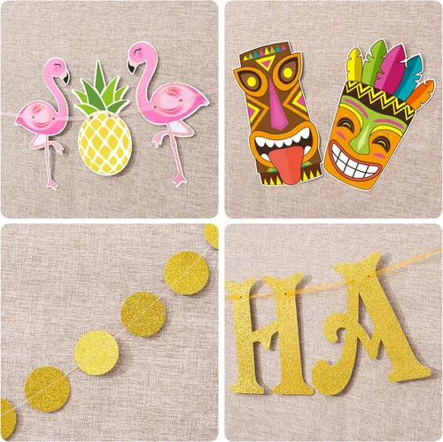 Miniatura 5 de WERNNSAI Pancarta hawaiana de Aloha para fiestas, flamenco, piña, tiki, tropical, Luau, suministros de fiesta, recuerdos, grande, dorado, brillante