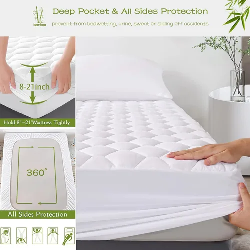 Miniatura 4 de GRT Protector de colchón Queen impermeable, rayón de bambú, almohadilla de colchón acolchada ajustable refrescante, cubierta de colchón impermeable