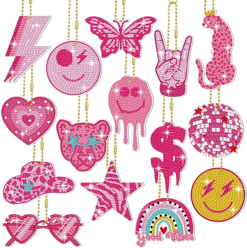 Siifert 15 piezas de llavero de pintura de diamante de preppy kit de pintura de diamante rosa, llavero de cara sonriente de leopardo rosa, lindos