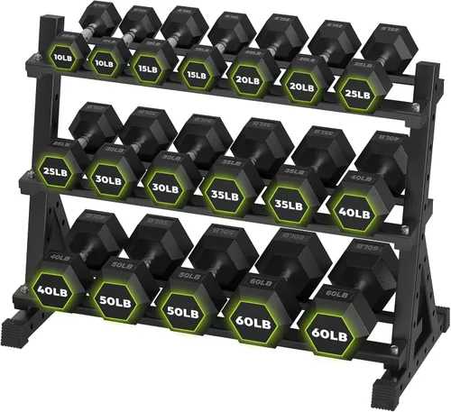 Miniatura 14 de HANDBODE Juego de mancuernas hexagonales con estante, 290-670 lb juego de mancuernas de ejercicio y fitness con revestimiento de goma, peso de mano