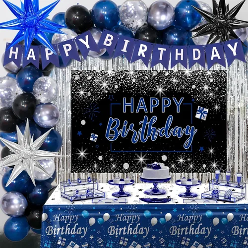 Miniatura 8 de Decoraciones de cumpleaños azules para hombres, decoraciones de feliz cumpleaños para hombres, mujeres, niños, decoración de fiesta, telón de fondo